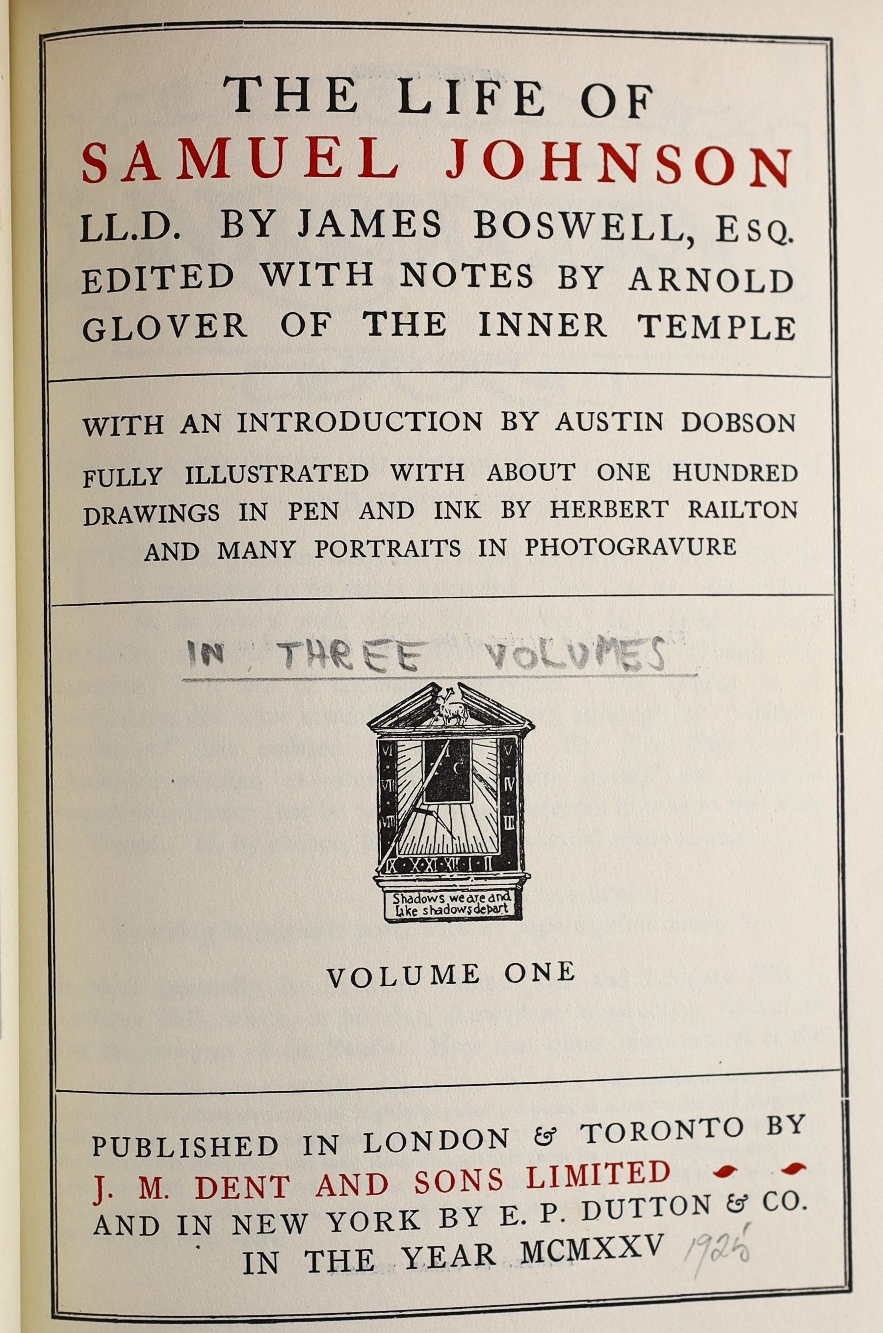 General works - Bunyan, John - The Pilgrim’s Progress, 8vo, green morocco, Arthur L. Humphrey’s, London, 1906; Boswell, James - The Life of Samuel Johnson, 3 vols, 8vo, half calf, London, 1925; Benson, A. C (editor) - Th